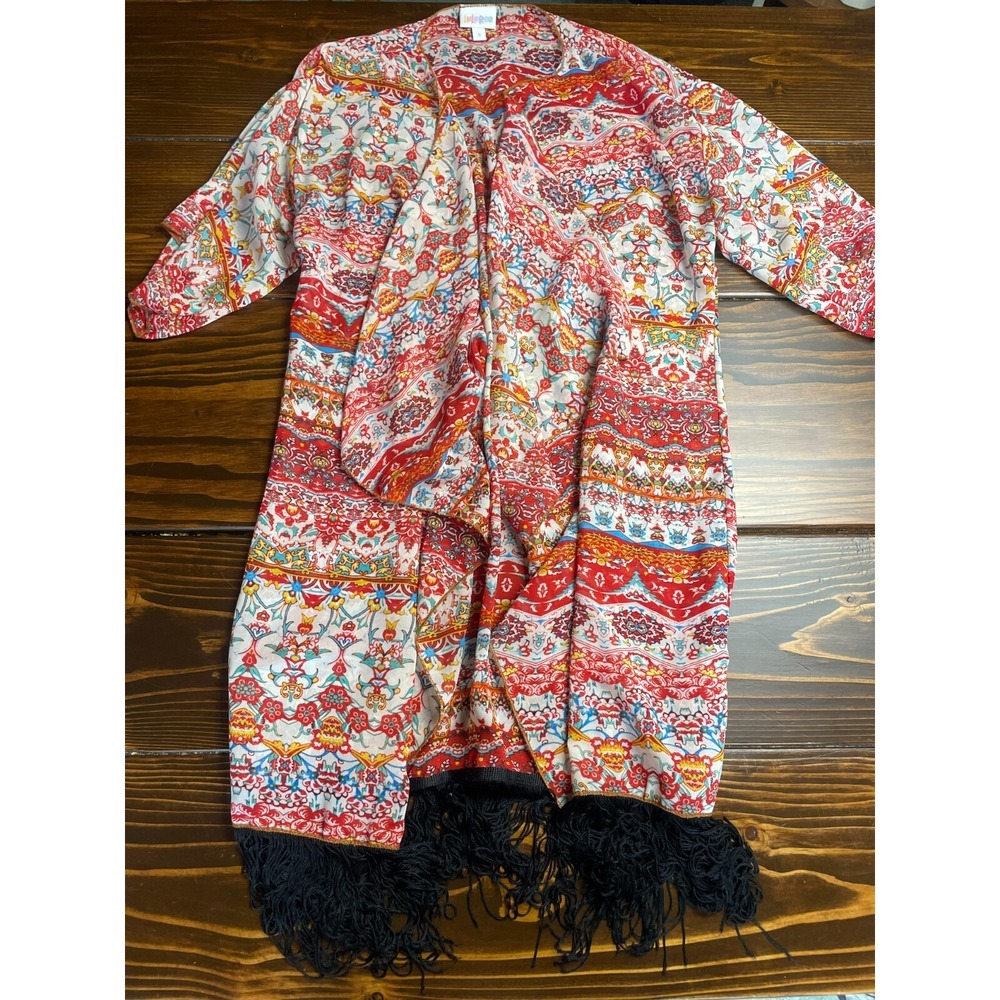 LuLaRoe Kimono, Womens Size Small, Red Black, Fringe